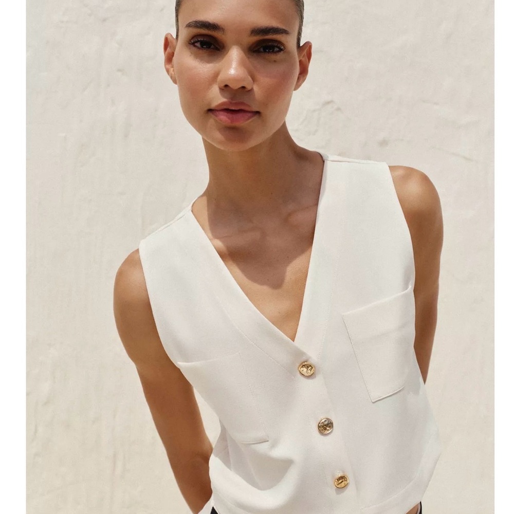 Zara White Sleeveless Top with Gold Buttons